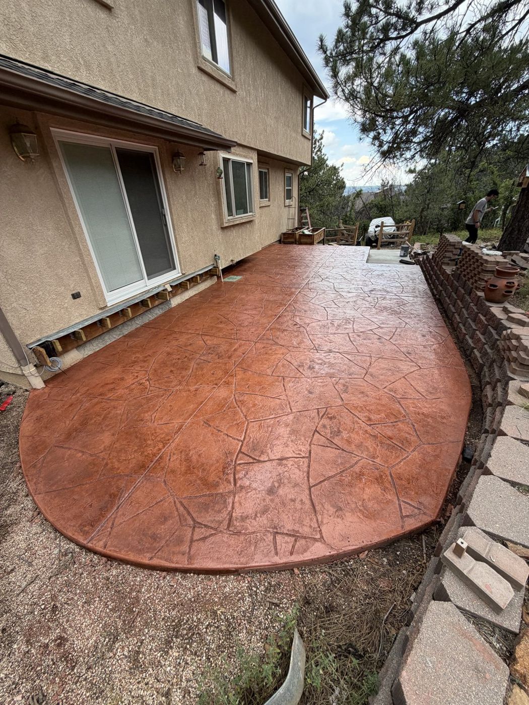 Terracotta stamped flagstone patio